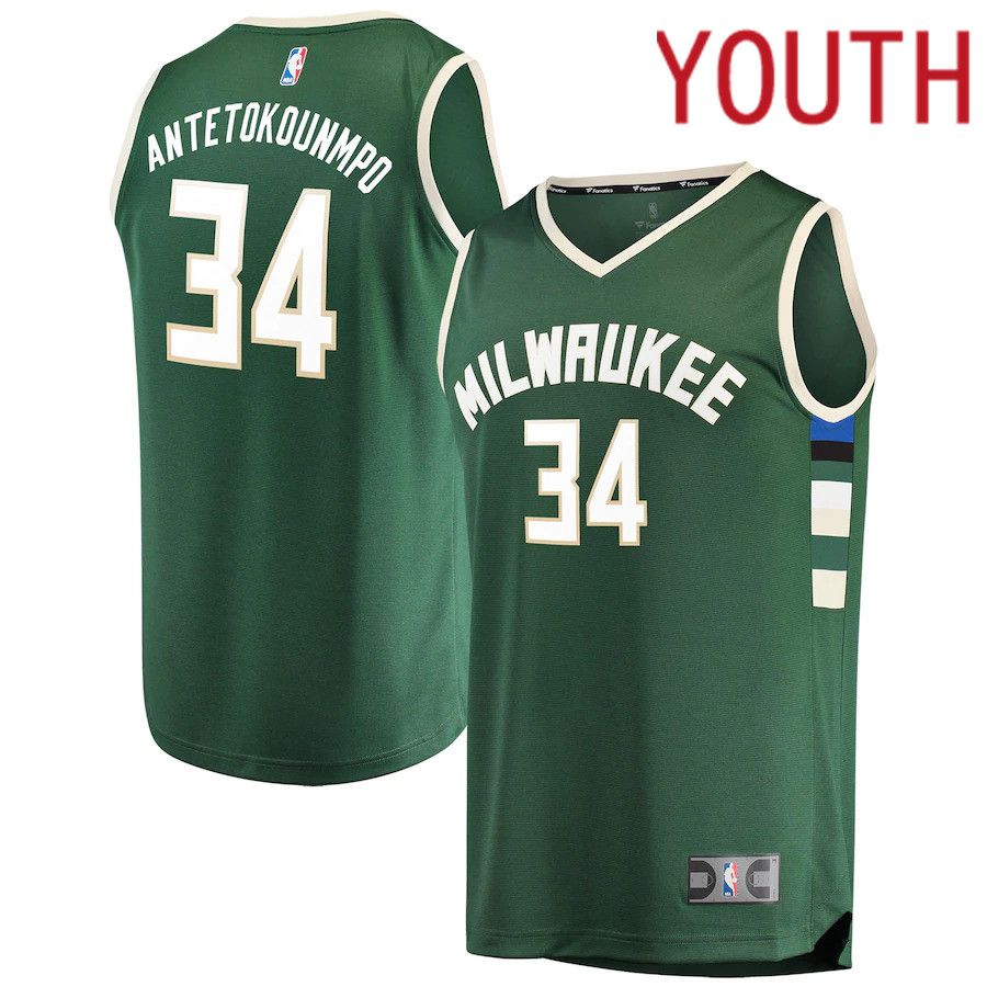 Youth Milwaukee Bucks 34 Giannis Antetokounmpo Fanatics Branded Hunter Green Fast Break Player NBA Jersey